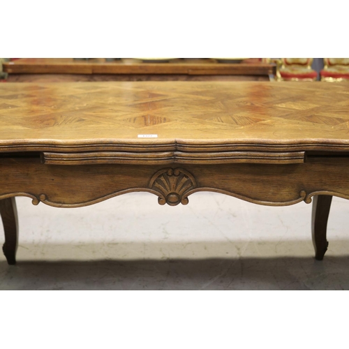 1327 - Vintage French Louis XV style drawer leaf dining table with parquetry top, approx 74cm H x 151cm W (... 