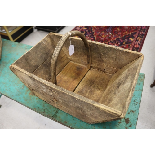 1330 - Vintage French wooden pickers basket, approx 32cm H x 52cm W x 30cm D (including handle)