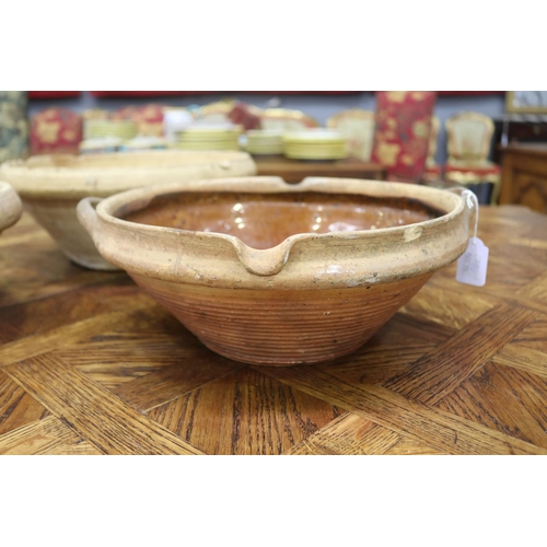 1339 - Three French stoneware dairy or mixing bowls, approx 14cm H x 36cm dia & smaller (3)