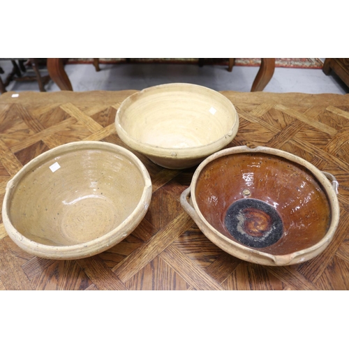 1339 - Three French stoneware dairy or mixing bowls, approx 14cm H x 36cm dia & smaller (3)
