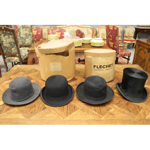 1350 - Lot of four French hats with two original cardboard hat boxes, box approx 30cm H x 35cm dia & smalle... 
