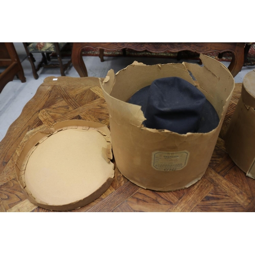 1350 - Lot of four French hats with two original cardboard hat boxes, box approx 30cm H x 35cm dia & smalle... 