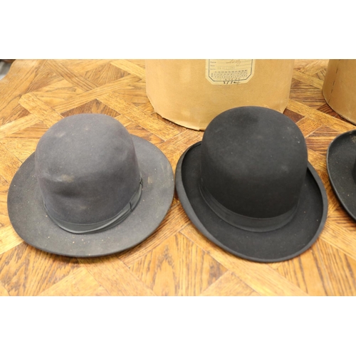 1350 - Lot of four French hats with two original cardboard hat boxes, box approx 30cm H x 35cm dia & smalle... 