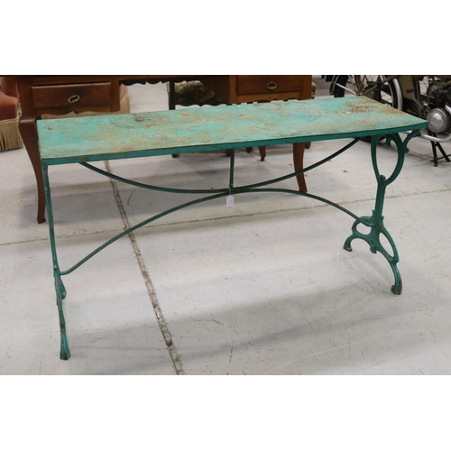 1397 - French Art Nouveau bistro table, well cast stylised ends, green painted finish, approx 71cm H x 130c... 