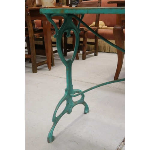 1397 - French Art Nouveau bistro table, well cast stylised ends, green painted finish, approx 71cm H x 130c... 