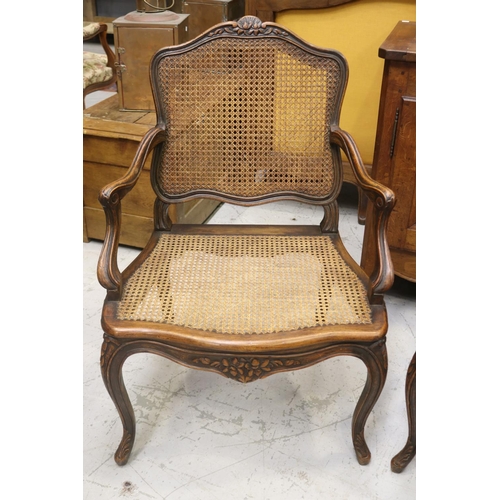 1063 - Pair of antique French Louis XV style armchairs, with cane seats & backs, nice large saddle to each,... 