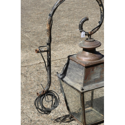 1092 - Antique French copper lantern on bracket, approx 102cm H x 38cm L x 62cm W