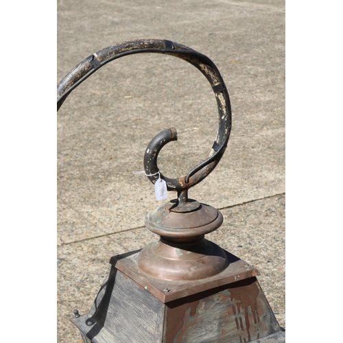 1092 - Antique French copper lantern on bracket, approx 102cm H x 38cm L x 62cm W