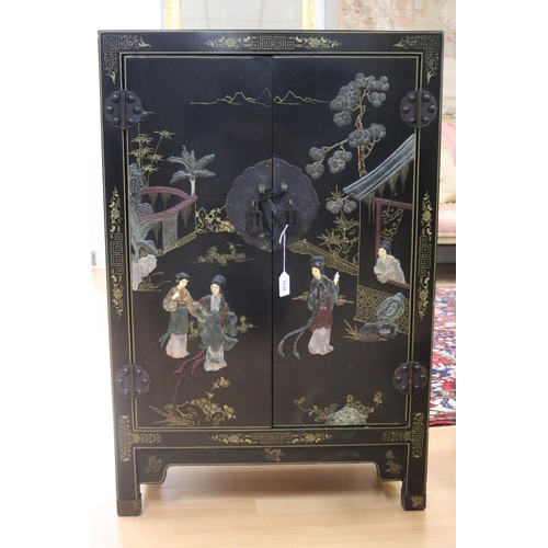 1134 - Chinese black lacquer two door side cabinet, decorated with hardstone scene, approx 62cm L x 31cm W ... 