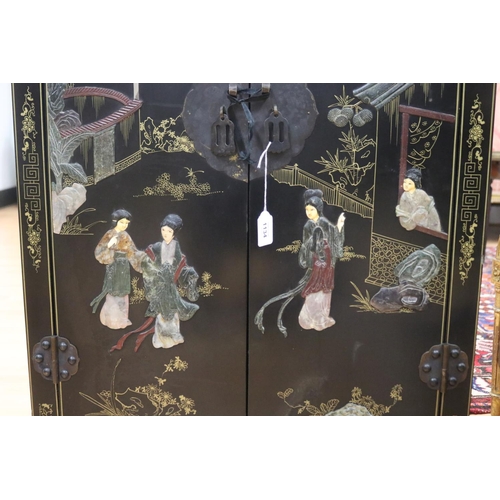1134 - Chinese black lacquer two door side cabinet, decorated with hardstone scene, approx 62cm L x 31cm W ... 