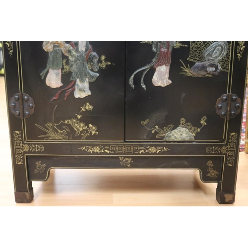 1134 - Chinese black lacquer two door side cabinet, decorated with hardstone scene, approx 62cm L x 31cm W ... 