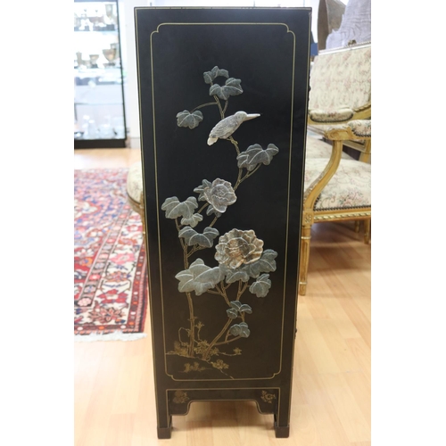 1134 - Chinese black lacquer two door side cabinet, decorated with hardstone scene, approx 62cm L x 31cm W ... 