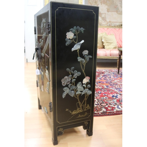 1134 - Chinese black lacquer two door side cabinet, decorated with hardstone scene, approx 62cm L x 31cm W ... 