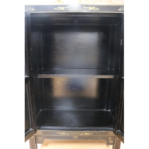 1134 - Chinese black lacquer two door side cabinet, decorated with hardstone scene, approx 62cm L x 31cm W ... 