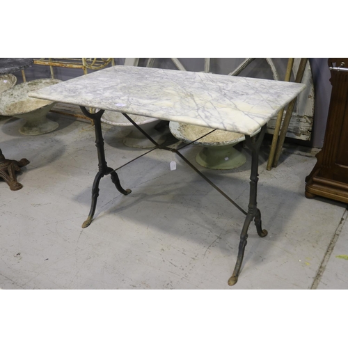 1145 - Vintage French bistro table with marble top & iron base, approx 100cm L x 60cm W x 71cm H