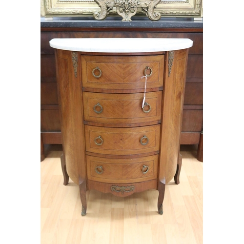 1166 - Vintage French Louis XV style D end four drawer side cabinet with marble top, approx 67cm L x 36cm W... 