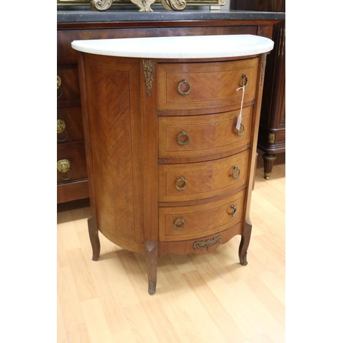 1166 - Vintage French Louis XV style D end four drawer side cabinet with marble top, approx 67cm L x 36cm W... 