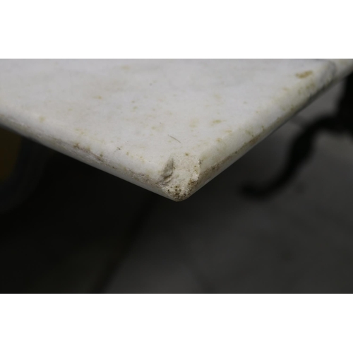 1173 - Vintage French bistro table with white marble top & black painted wrought iron frame, approx 100cm L... 