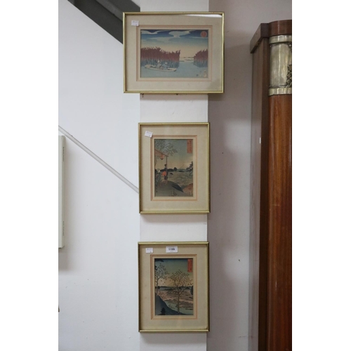 1199 - Three Japanese coloured woodblock print, approx 33cm x 26.5cm and smaller (including frame) and 22cm... 