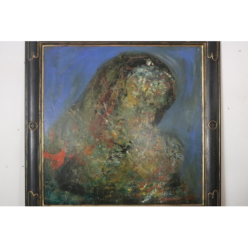 1308 - Large contemporary Madonna & child, oil on board, unsigned, in a black and gilt frame, approx 120.5c... 