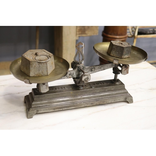 1344 - Set of French weighing scales with brass pans, approx 22cm H x 45cm W x 18cm D