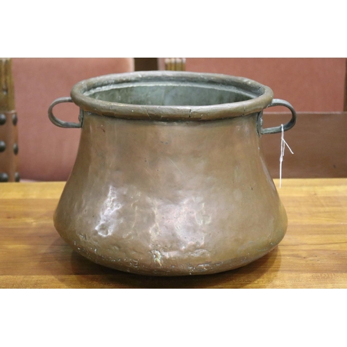 1345 - Antique French copper twin handled pot, approx 25cm H x 35cm dia (excluding handles)