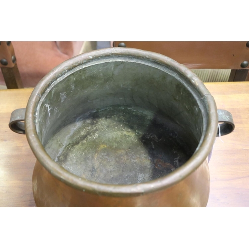 1345 - Antique French copper twin handled pot, approx 25cm H x 35cm dia (excluding handles)
