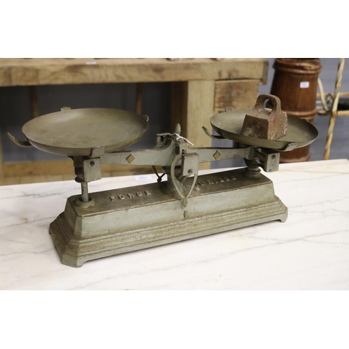1347 - Set of French weighing scales with brass pans, approx 20cm H x 57cm W x 23cm D