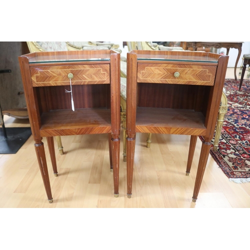 1352 - Pair of vintage French Louis XVI revival single drawer nightstands, with open shelf section & glass ... 