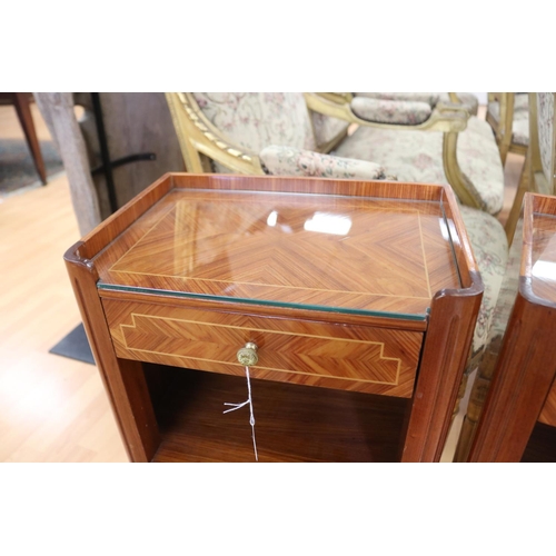 1352 - Pair of vintage French Louis XVI revival single drawer nightstands, with open shelf section & glass ... 