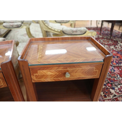 1352 - Pair of vintage French Louis XVI revival single drawer nightstands, with open shelf section & glass ... 