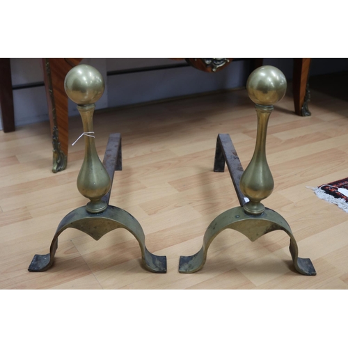 1376 - Pair of antique French brass ball form andirons, each approx 40cm H x 47cm L x 27cm W (2)