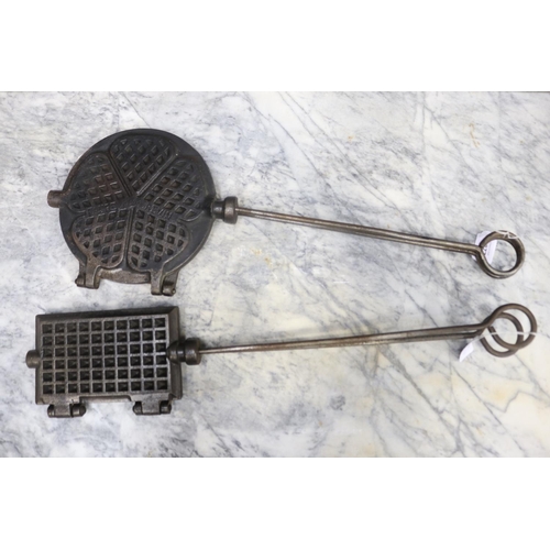 1377 - Two vintage waffle irons, approx 63cm L x 23cm W & smaller (2)