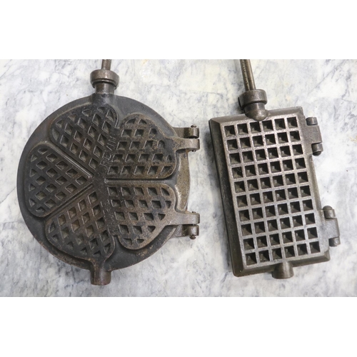 1377 - Two vintage waffle irons, approx 63cm L x 23cm W & smaller (2)