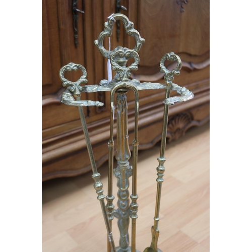 1384 - French Louis XV style brass fire mantle stand with tools, approx 55cm H x 30cm W x 25cm D