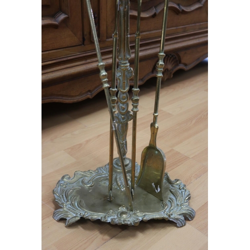 1384 - French Louis XV style brass fire mantle stand with tools, approx 55cm H x 30cm W x 25cm D