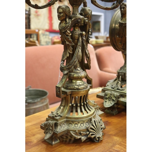 1094 - Impressive large antique French gilt bronze mantle clock and pair of five stick candelabrum, all wit... 