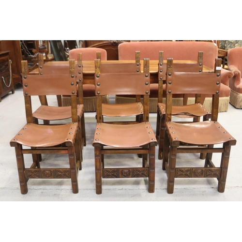 1138 - Set of six Spanish beech framed and leather studded backs and seat chairs, approx 95cm H x 45cm L x ... 