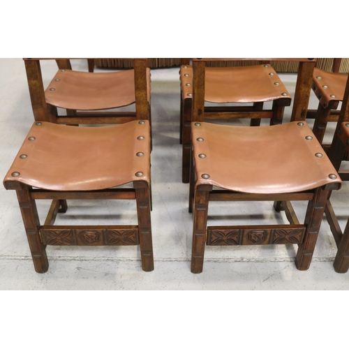 1138 - Set of six Spanish beech framed and leather studded backs and seat chairs, approx 95cm H x 45cm L x ... 