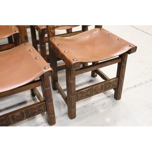 1138 - Set of six Spanish beech framed and leather studded backs and seat chairs, approx 95cm H x 45cm L x ... 