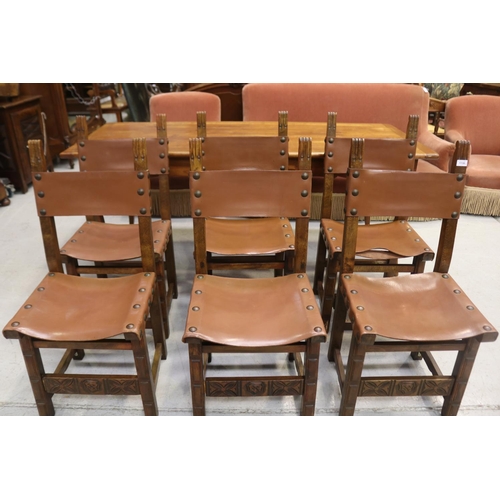 1138 - Set of six Spanish beech framed and leather studded backs and seat chairs, approx 95cm H x 45cm L x ... 