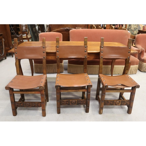 1138 - Set of six Spanish beech framed and leather studded backs and seat chairs, approx 95cm H x 45cm L x ... 