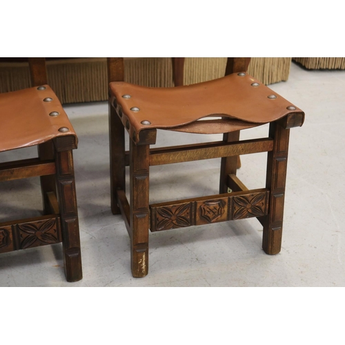 1138 - Set of six Spanish beech framed and leather studded backs and seat chairs, approx 95cm H x 45cm L x ... 