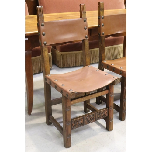 1138 - Set of six Spanish beech framed and leather studded backs and seat chairs, approx 95cm H x 45cm L x ... 