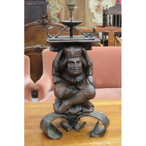 1167 - Antique French Brittany carved wood figural lamp, unknown working condition, approx 63cm H x 35cm L ... 
