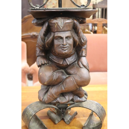 1167 - Antique French Brittany carved wood figural lamp, unknown working condition, approx 63cm H x 35cm L ... 