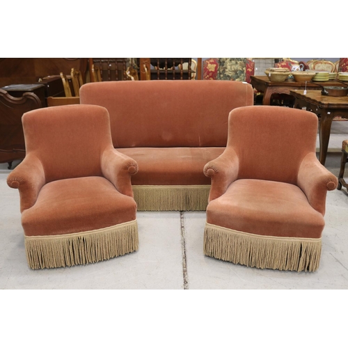 1196 - Antique French Napoleon III suite, to include lounge and pair of lounge arm chairs, all with ebonize... 