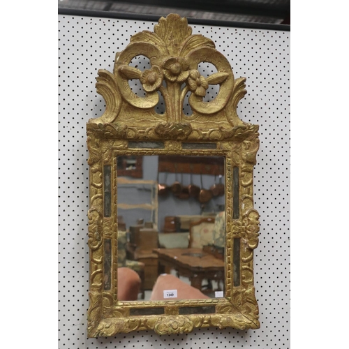 1349 - Fine antique French Louis XV petite gilt mirror, with pronounced double C scroll crest, approx 89cm ... 