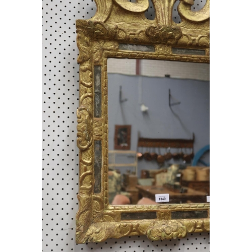 1349 - Fine antique French Louis XV petite gilt mirror, with pronounced double C scroll crest, approx 89cm ... 