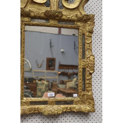 1349 - Fine antique French Louis XV petite gilt mirror, with pronounced double C scroll crest, approx 89cm ... 